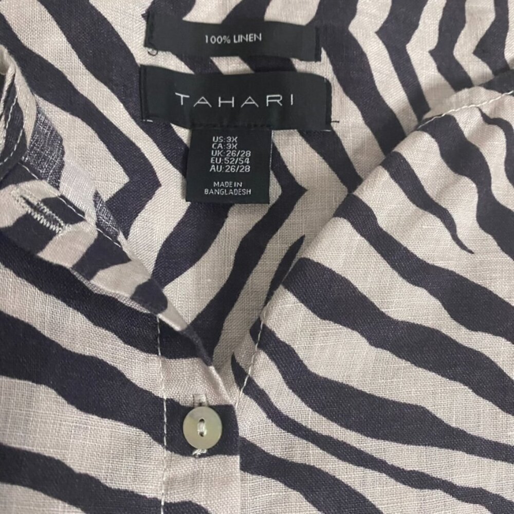 (2) Tahari linen tunic blouses 3X green brown stripe - Picture 4 of 12